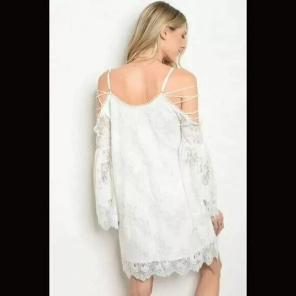 Boutique White Strappy Cold  Shoulder Lace Boho Shift Dress - Picture 2 of 10